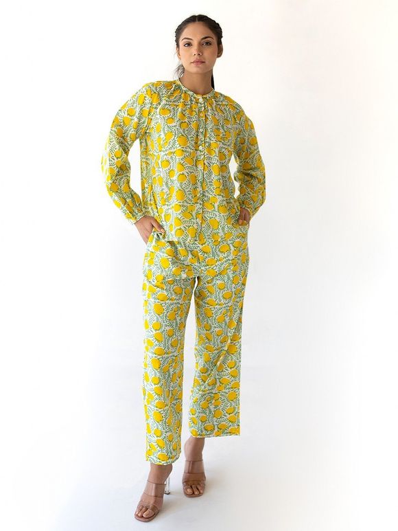 Yellow Printed Cotton Mulmul Co-ord Set - Set of 2