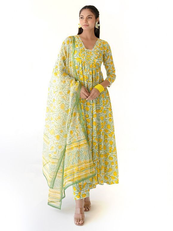 Yellow Printed Cotton Mulmul Suit - Set of 3