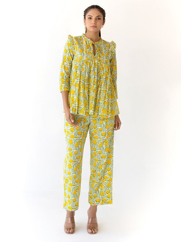 Yellow Printed Cotton Mulmul Co-ord Set - Set of 2