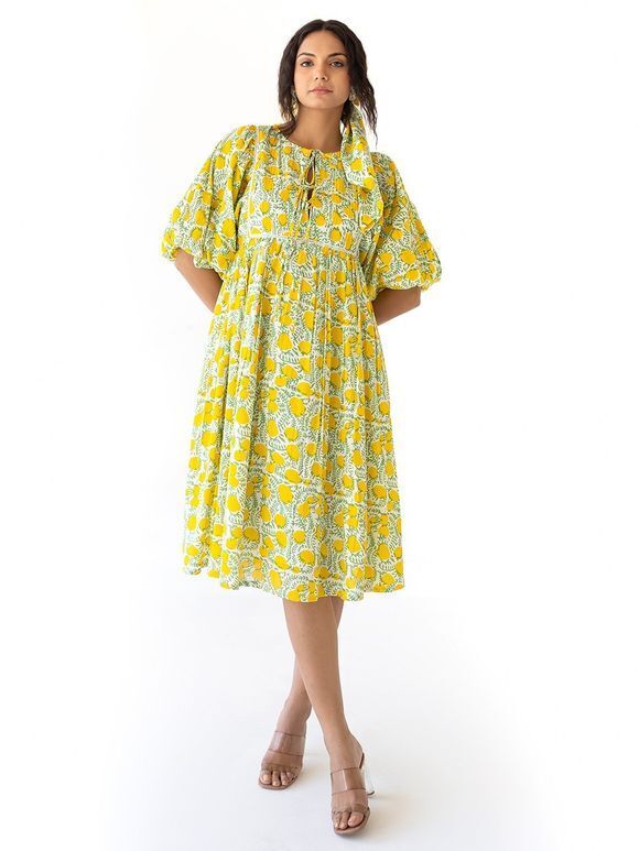 Yellow Printed Mulmul Dress