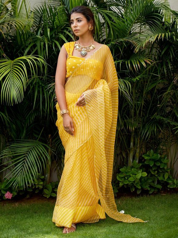Yellow Leheriya Organza Saree with Bandhani Printed Modal Blouse Piece