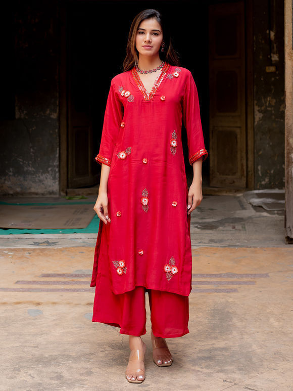 Red Hand Embroidered Crepe Kurta with Palazzo- Set of 2