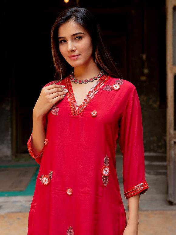 Red Hand Embroidered Crepe Kurta with Palazzo- Set of 2