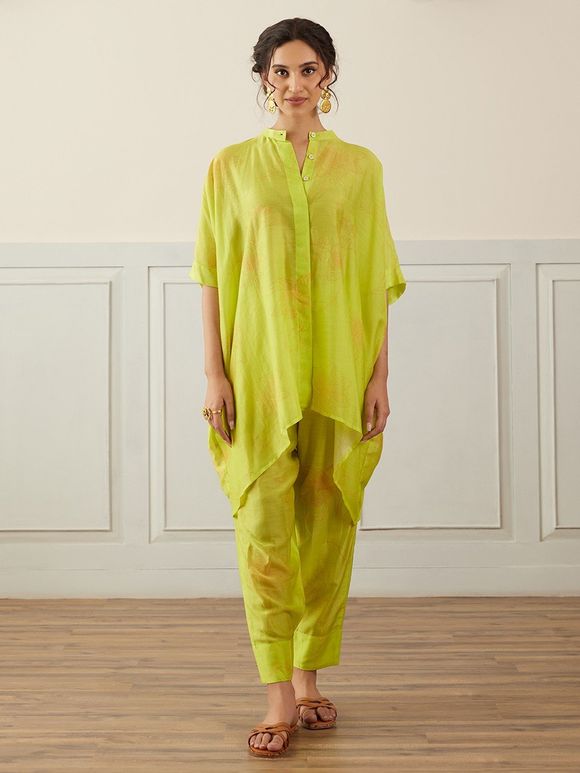 Lime Green Printed Cotton Silk Shirt with Pants - Set of 2