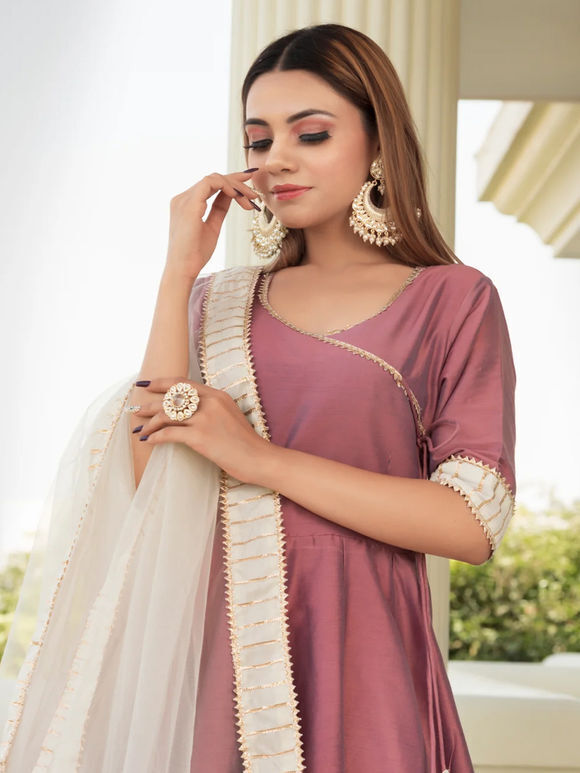 Purple Cotton Silk Anarkali Suit- Set of 3
