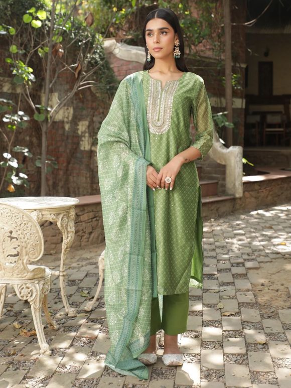 Green Gota Patti Chanderi Printed Suit- Set of 3