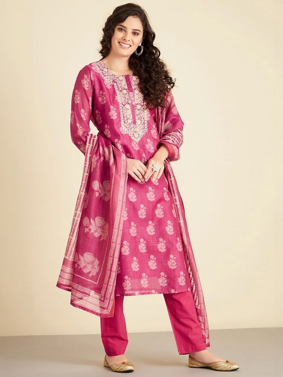 Dark Pink Hand Block Printed Chanderi Embroidered Suit- Set of 3
