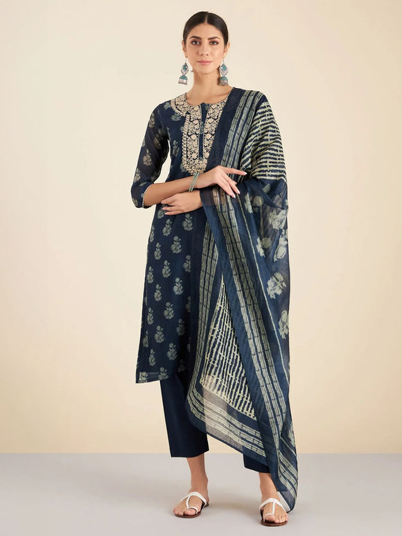 Navy Blue Hand Block Printed Chanderi Embroidered Suit- Set of 3