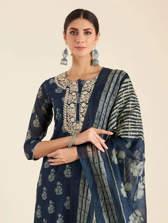 Navy Blue Hand Block Printed Chanderi Embroidered Suit- Set of 3