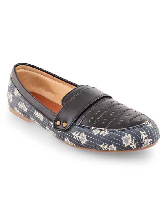 Grey Hand Block Printed Cotton Loafers