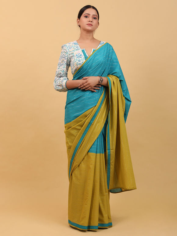 Aqua Blue Cotton Ready To Wear Saree with Blouse- Set of 2