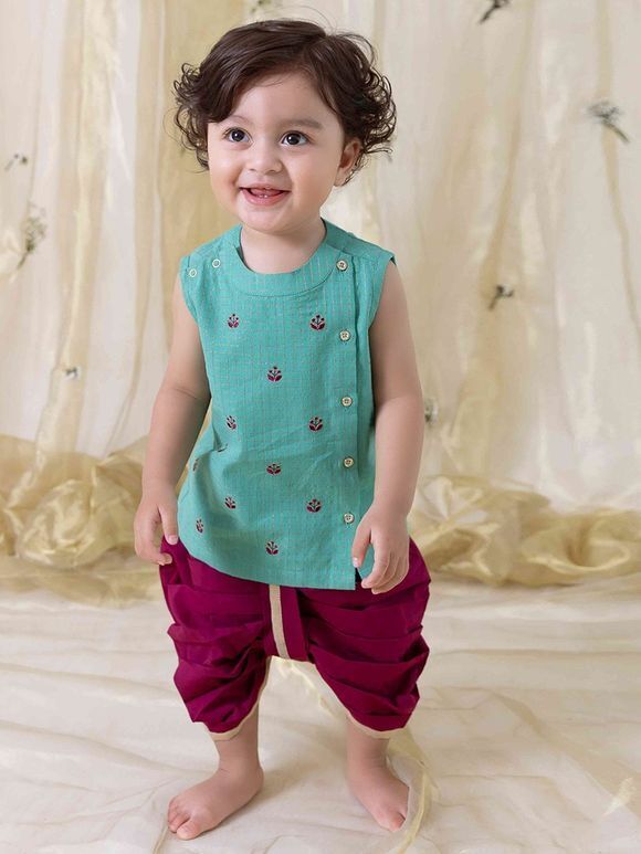 Green Zari Cotton Embroidered Kurta with Dhoti Pants- Set of 2