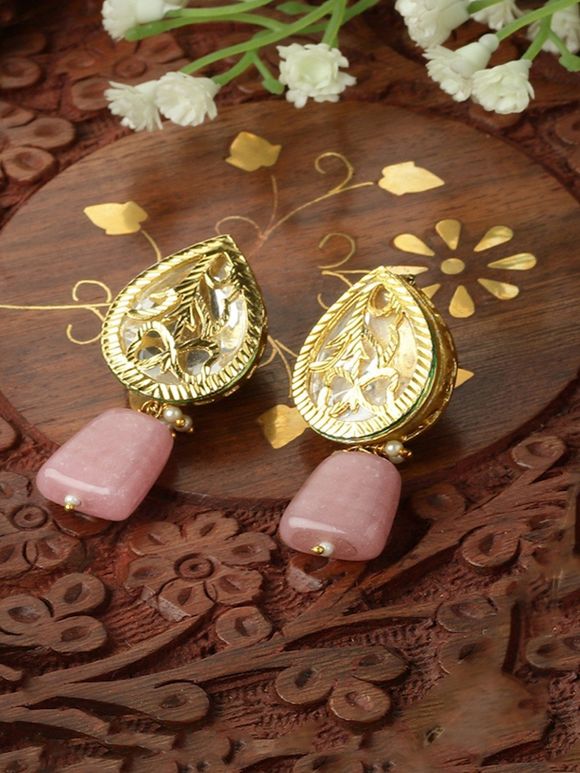 Gold Toned Pink Handcrafted Metal Earrings