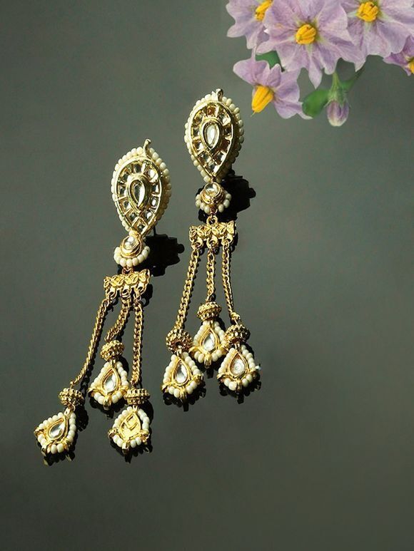Gold Toned Green Handcrafted Metal Earrings
