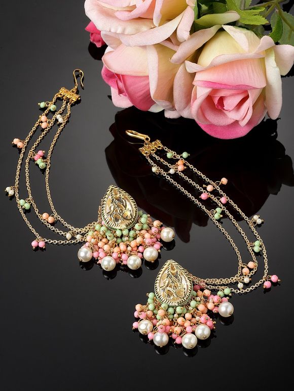 Gold Toned Pink Handcrafted Metal Kundan Earrings with Hair Chain