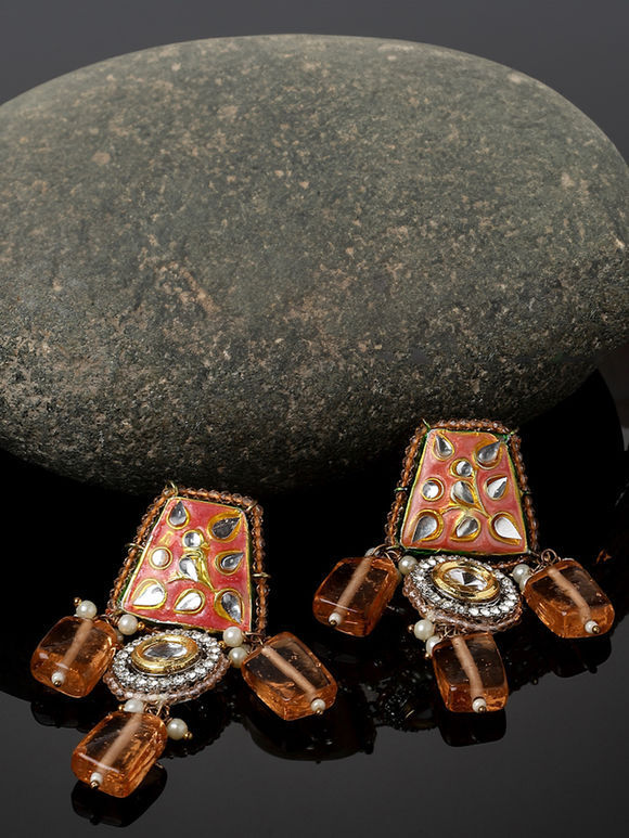 Orange Handcrafted Metal Kundan Earrings