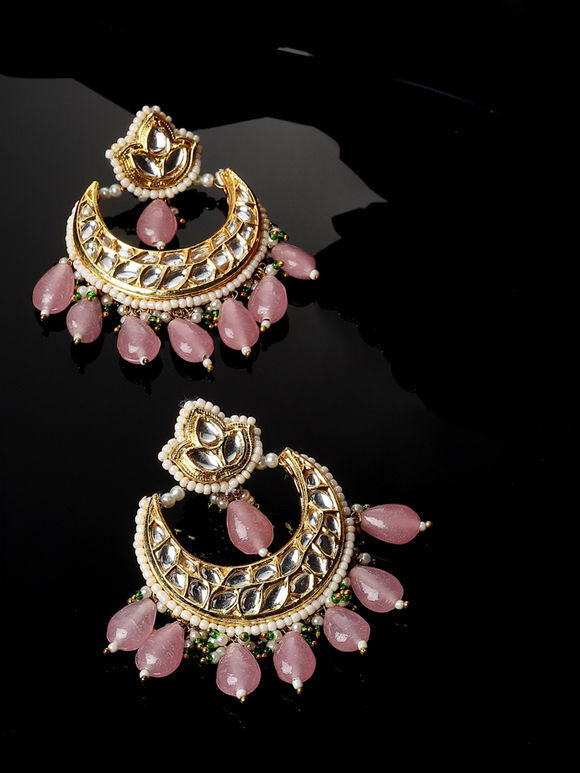 Gold Toned Pink Handcrafted Metal Kundan Earrings