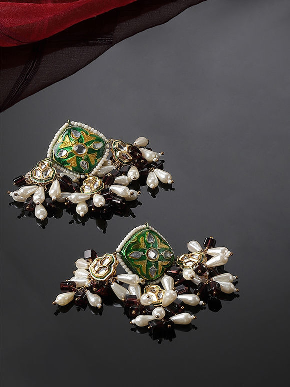Gold Toned Green Handcrafted Metal Kundan Earrings