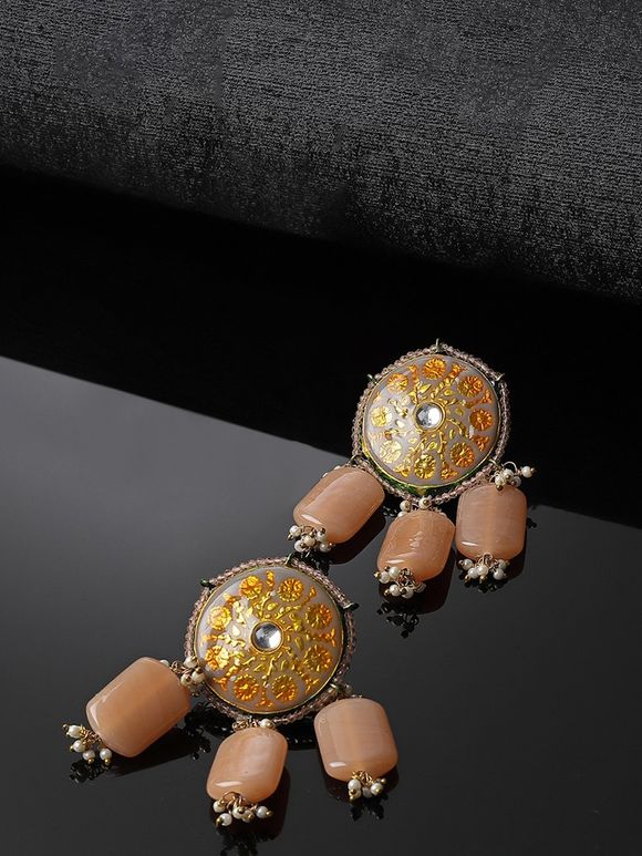 Grey Orange Handcrafted Metal Kundan Earrings