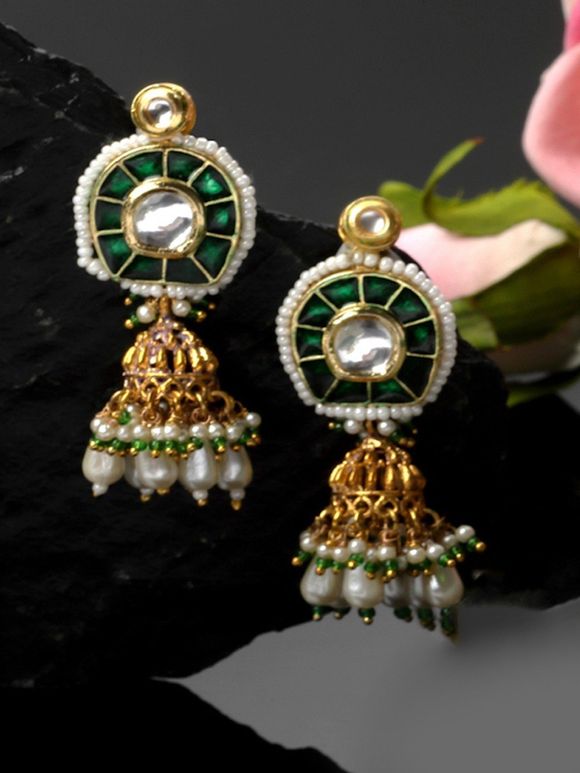 Gold Toned Green Handcrafted Metal Jhumkies