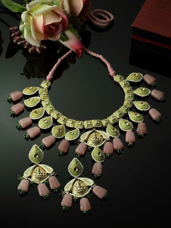 Green Pink Handcrafted Metal Necklace with Earrings- Set of 2