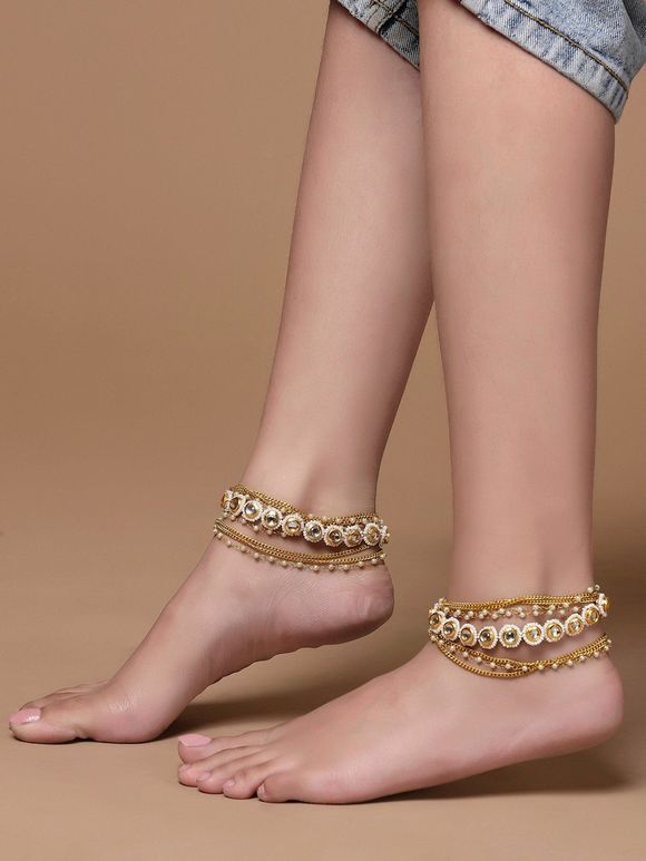 Gold Toned Handcrafted Metal Anklet- Set of 2