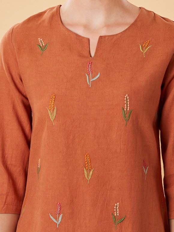 Orange Embroidered Cotton Linen Kurta with Pants - Set of 2