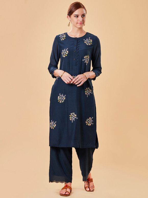 Navy Blue Embroidered Cotton Silk Kurta with Pants- Set of 2