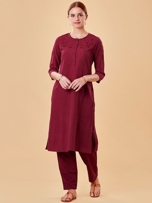 Maroon Cutwork Embroidered Cotton Linen Kurta with Pants- Set of 2