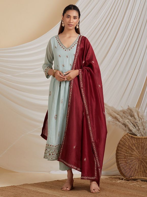 Mint Green Embroidered Chanderi Kurta with Cotton Pants and Maroon Dupatta- Set of 3