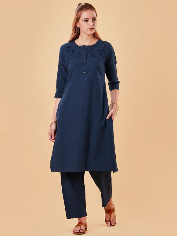 Navy Blue Cutwork Embroidered Cotton Linen Kurta with Pants - Set of 2