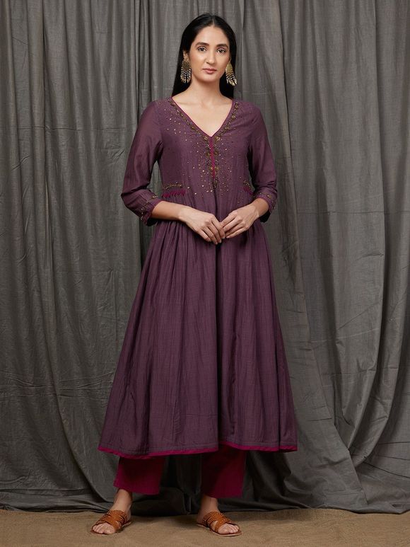 Mauve Embellished Cotton Silk Anarkali Kurta with Magenta Pants- Set of 2