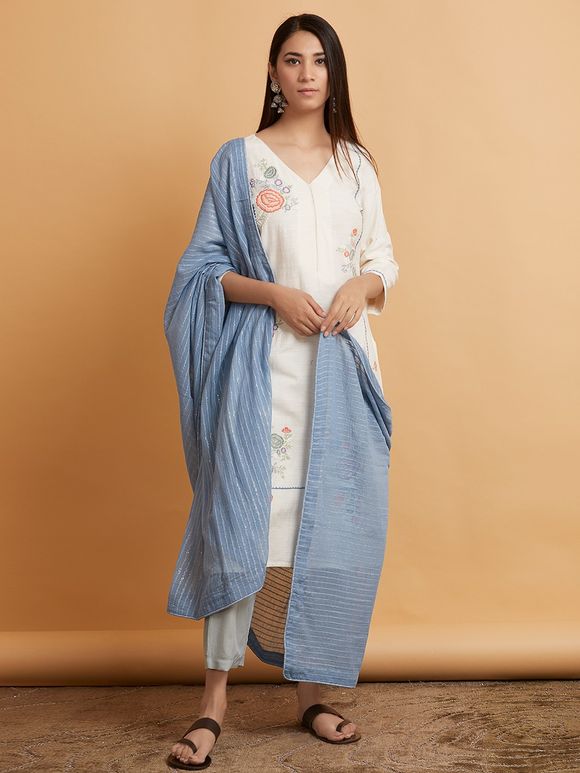 Ivory Embroidered Linen Kurta with Pastel Green Pants and Powder Blue Silk Dupatta - Set of 3