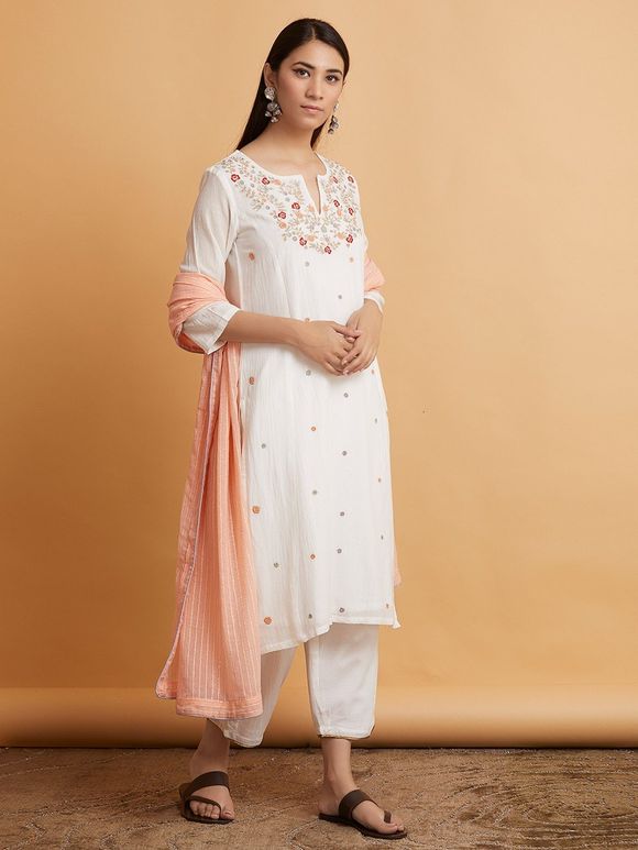 Ivory Embroidered Cotton Viscose Kurta with Pants and Old Rose Dupatta - Set of 3