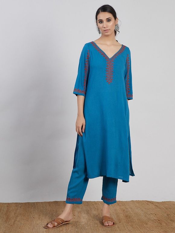 Blue Embroidered Linen Kurta with Pants- Set of 2