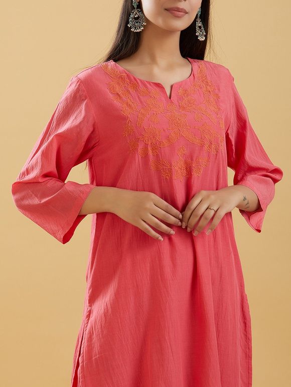 Pink Applique Embroidered Cotton Silk Kurta