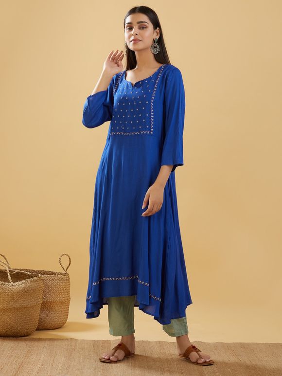 Blue Embroidered Viscose Kurta with Green Cotton Pants - Set of 2