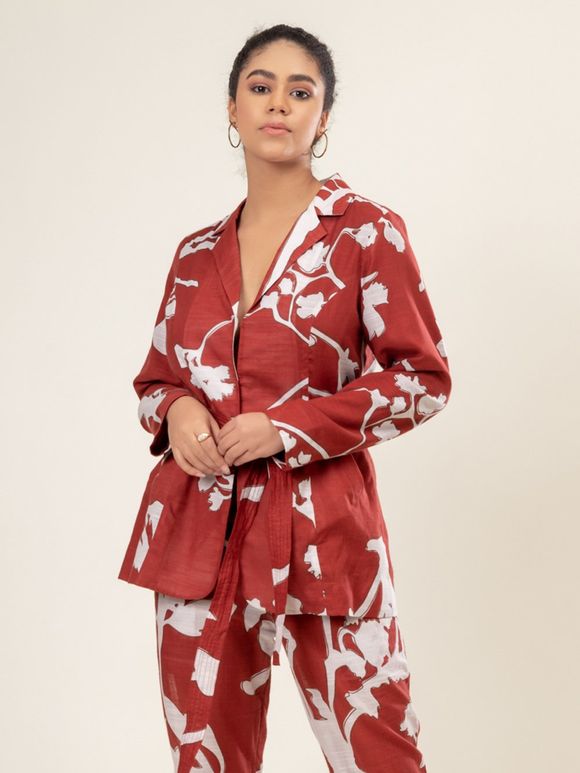 Maroon Printed Cotton Jacket and Belt
