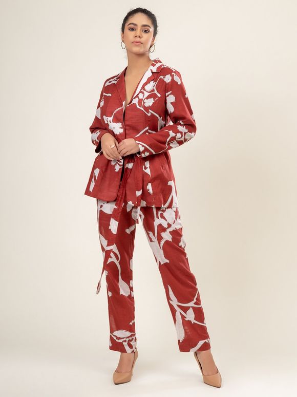 Maroon Printed Cotton Co-ord Set- Set of 2