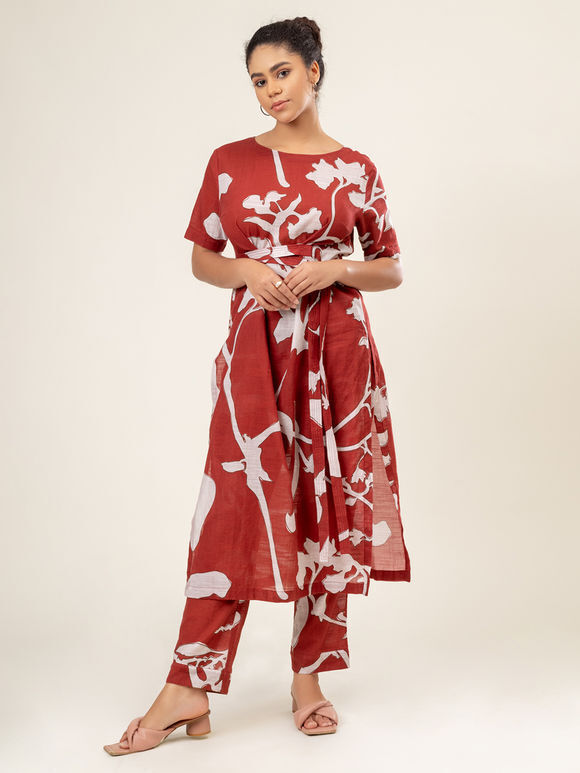 Maroon Printed Cotton Tunic with Belt and Pants- Set of 2