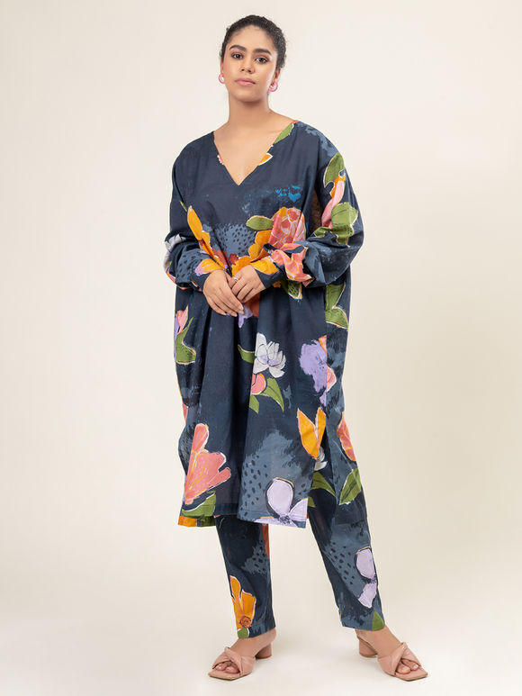 Multicolor Printed Cotton Kaftan with Pants- Set of 2
