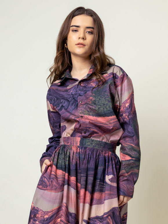 Purple Printed Cotton Shirt with Skirt - Set of 2