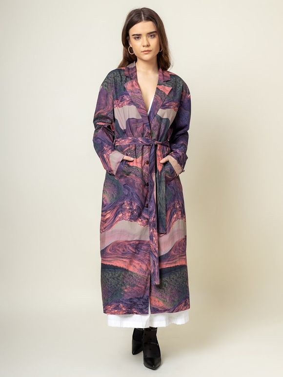 Purple Printed Cotton Trench Coat with Belt