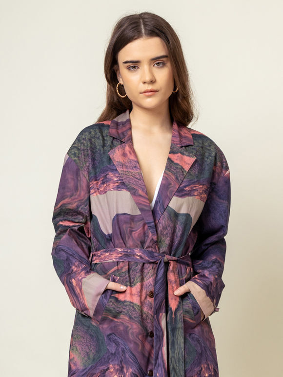 Purple Printed Cotton Trench Coat with Belt
