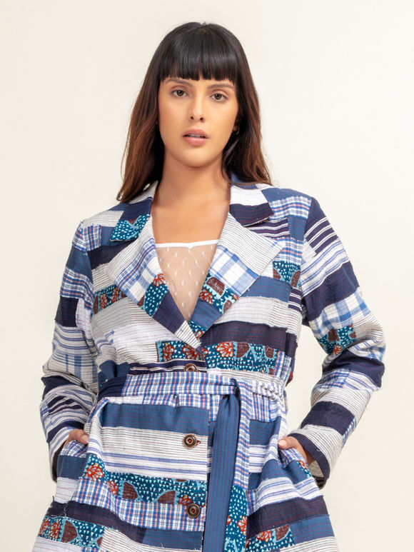 Blue Patchwork Cotton Trench Coat with Belt