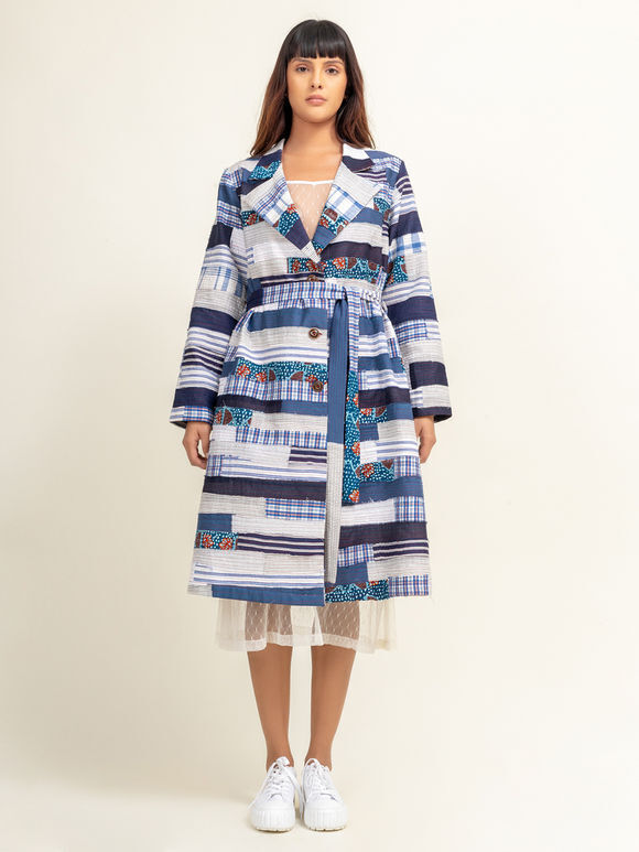Blue Patchwork Cotton Trench Coat with Belt