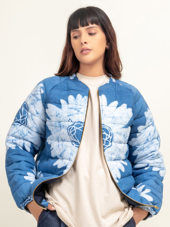 Blue Printed Cotton Quilted Jacket
