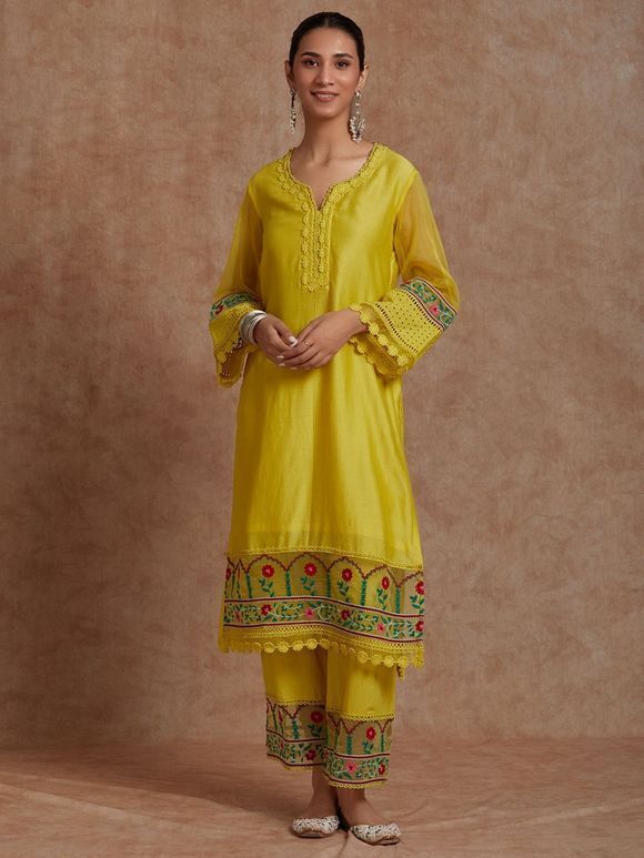 Yellow Lace Embroidered Chanderi Kurta