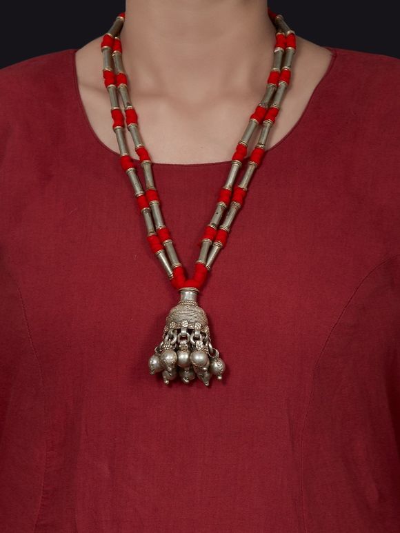 Red Silver Toned Handcrafted Metal Necklace