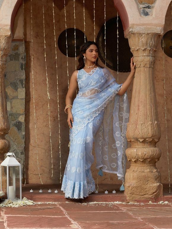 Blue Embroidered Organza Viscose Saree with Blouse Piece